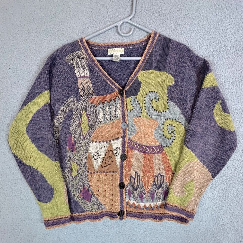 SIGRID OLSEN WOMENS CARDIGAN PURPLE GREEN SIZE L